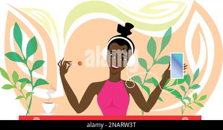 A beautiful african american lady listens to music on white headphones while holding her phone and a lollipop on a stick. Stock Vector