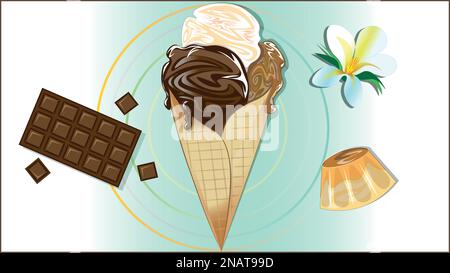 Delicious ice cream cone flavoured with chocolate, vanilla and creme brulee. Sweet Chocolate Stock Vector