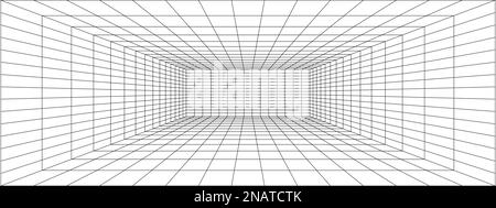 Room, hallway, studio or portal wireframe in perspective. Box grid structure. Mesh in 3D dimension. Engineering, architecting or technical outline Stock Vector