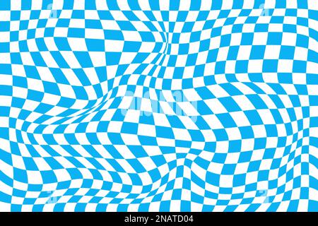 Psychedelic pattern with warped blue and white squares. Distorted chess board background. Chequered visual illusion. Trippy checkerboard surface Stock Vector