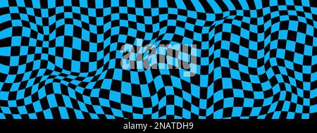 Distorted blue and black chessboard background. Twisted optical illusion. Psychedelic pattern with warped squares. Trippy checkerboard surface Stock Vector