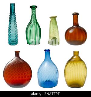 Old colorful glass bottle collection isolated on white backgound, ancient vase cut out Stock Photo