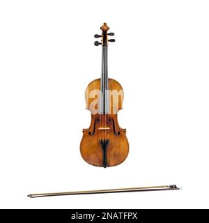 Violin with bow isolated on white background, musical instrument front view Stock Photo