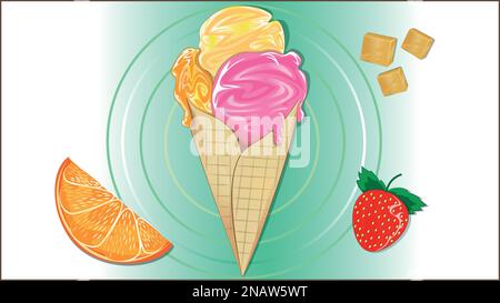 A delicious ice cream cone flavoured with strawberry orange and caramel. Yummy ice cream. isolated Stock Vector