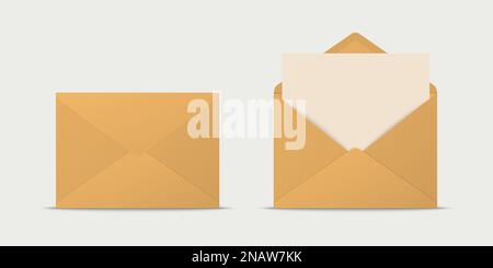 Vector Realistic Yellow Closed, Opened Envelopes with Letter Inside. Folded and Unfolded White Envelope Icon, Mockup Set Closeup Isolated. Message Stock Vector