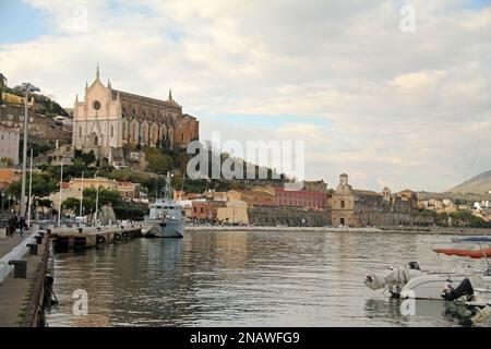 Gaeta, Italy. View over Gaeta Vecchia from the gulf, with the imposing St. Francis of Assisi Church dominating the picture. Stock Photo