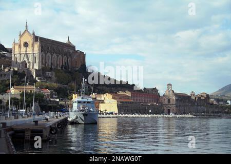 Gaeta, Italy. View over Gaeta Vecchia from the gulf, with the imposing St. Francis of Assisi Church dominating the picture. Stock Photo