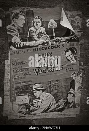 BW Cinema poster / flyer / handbill, for Alfred Hitchcock's thriller film, The Lady Vanishes, starring Michael Redgrave, Margaret Lockwood 1938 Stock Photo