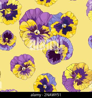 pansies floral seamless pattern, vector illustration. viola, yellow and purple flowers green leaves Stock Vector