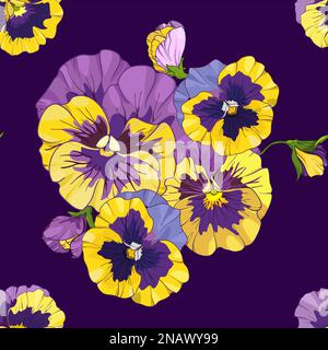 pansies floral seamless pattern, vector illustration. viola, yellow and purple flowers green leaves Stock Vector