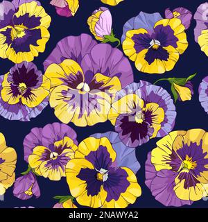 pansies floral seamless pattern, vector illustration. viola, yellow and purple flowers green leaves Stock Vector