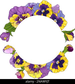 round frame with pansy flowers, wreath viola, yellow and purple flowers green leaves ornament , vector illustration Stock Vector
