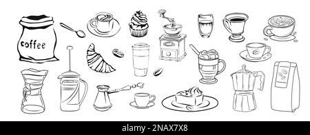Coffee drink elements hand drawn vector illustrations line art collection. Stock Vector