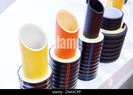 Plastic pipes for pipelines on exhibition Stock Photo