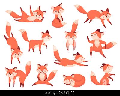 Fox character. Cute cartoon wildlife red mammals in different poses and actions, orange forest fur animals with funny emotions on faces. Vector flat Stock Vector