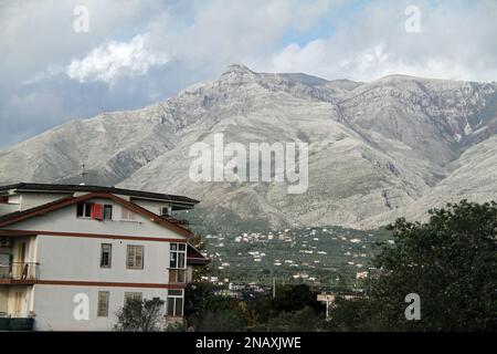 The Aurunci Mountains in December, viewed from Gaeta, Italy Stock Photo