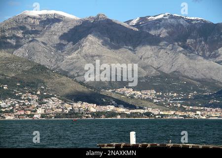 The Aurunci Mountains and the Tyrrhenian Sea in December, viewed from Gaeta, Italy Stock Photo