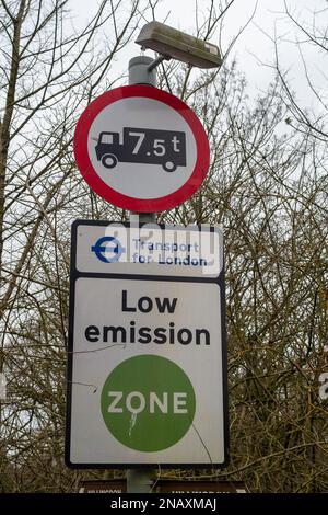 Rickmansworth, Hertfordshire, UK. 12th February, 2023. A Transport for London Low Emission Sign. Credit: Maureen McLean/Alamy Stock Photo