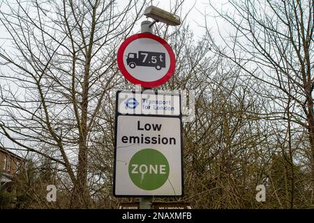 Rickmansworth, Hertfordshire, UK. 12th February, 2023. A Transport for London Low Emission Sign. Credit: Maureen McLean/Alamy Stock Photo