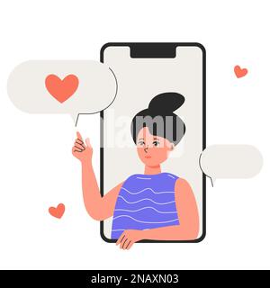 Cute woman show speech bubble with heart from phone screen. Customer positive feedback or love chatting on dialog application. Review rating advertising communication concept. Vector illustration. Stock Vector