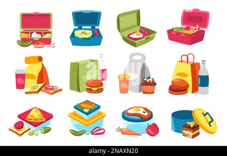 Lunchbox food. Containers with homemade snack, vegetables and fruits cartoon style, colorful healthy meal zero waste concept. Vector flat collection Stock Vector