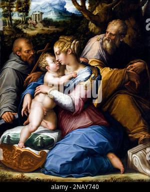 Holy Family with Saint Francis in a Landscape by Giorgio Vasari (1511-1574), oil on canvas, 1542 Stock Photo