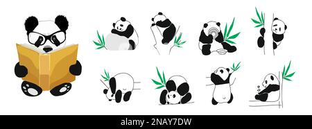Set of little cute pandas in different poses vector illustrations isolated. Stock Vector