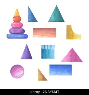 Watercolor illustration of a set of wooden building blocks isolated on white background. Nursery, Kids Room Decor. Eco-friendly materials Child Toys. Stock Photo