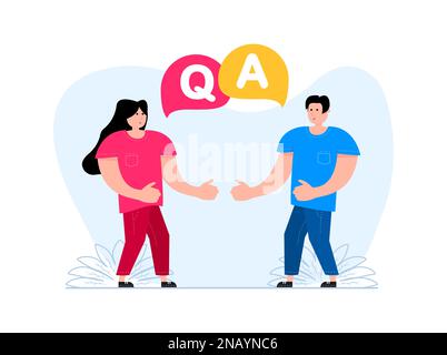 Man and a woman stood over their heads Questions and answers. Stock Vector