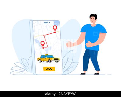 A man stands near the smartphone, on the screen Taxi app on smartphone screen. Get a taxi. Stock Vector