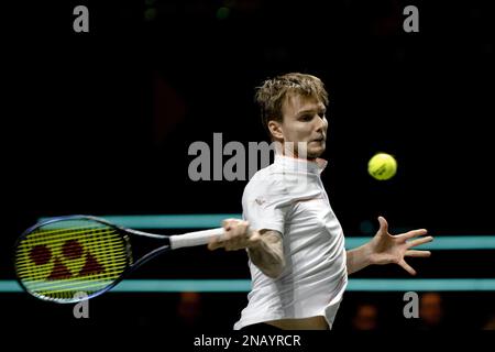 ROTTERDAM - 13/02/2023, Alexander Bublik (KAZ) in action against Stan Wawrinka (SUI) on the first day of the ABN AMRO Open tennis tournament in Ahoy. AP SANDER KING Stock Photo