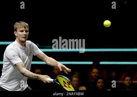 ROTTERDAM - 13/02/2023, Alexander Bublik (KAZ) in action against Stan Wawrinka (SUI) on the first day of the ABN AMRO Open tennis tournament in Ahoy. AP SANDER KING Stock Photo