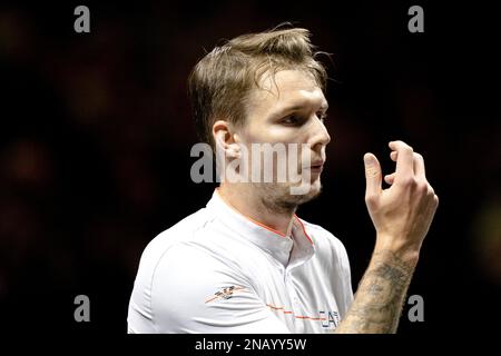 ROTTERDAM - 13/02/2023, Alexander Bublik (KAZ) in action against Stan Wawrinka (SUI) on the first day of the ABN AMRO Open tennis tournament in Ahoy. AP SANDER KING Stock Photo