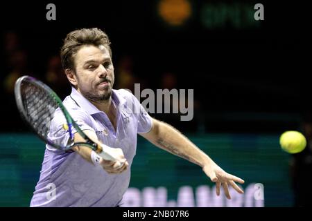 ROTTERDAM - 13/02/2023, Stan Wawrinka (SUI) in action against Alexander Bublik (KAZ) on the first day of the ABN AMRO Open tennis tournament in Ahoy. AP SANDER KING Stock Photo