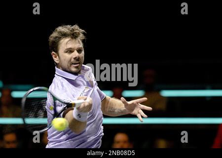 ROTTERDAM - 13/02/2023, Stan Wawrinka (SUI) in action against Alexander Bublik (KAZ) on the first day of the ABN AMRO Open tennis tournament in Ahoy. AP SANDER KING Stock Photo