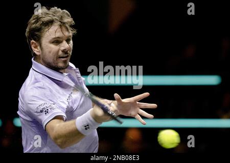 ROTTERDAM - 13/02/2023, Stan Wawrinka (SUI) in action against Alexander Bublik (KAZ) on the first day of the ABN AMRO Open tennis tournament in Ahoy. AP SANDER KING Stock Photo