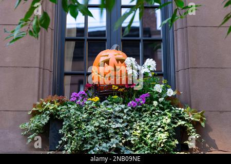 Annual Halloween decorations are decorated in Upper East Side Manhattan on 2022. Stock Photo