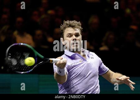 ROTTERDAM - 13/02/2023, Stan Wawrinka (SUI) in action against Alexander Bublik (KAZ) on the first day of the ABN AMRO Open tennis tournament in Ahoy. AP SANDER KING Stock Photo