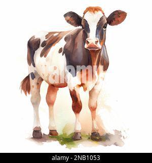 Farm cow brown , standing hand drawn watercolor illustration Farm animals Stock Photo
