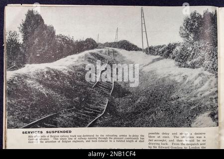 Photo of railway tracks in Belgium destroyed by retreating armies to delay German advance in the World War 1914-1918 A Pictured History (1934). Stock Photo