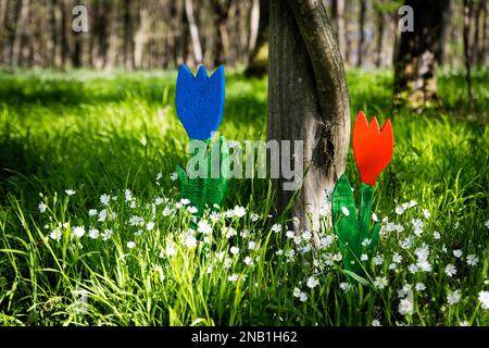 Painted wooden flowers in spring forest Stock Photo