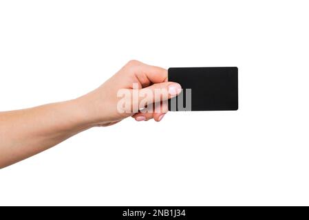 Close up of womans hand holding blank black card Stock Photo