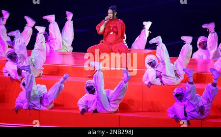 Glendale, United States. 12th Feb, 2023. Rihanna performs at half time during Super Bowl LVII between the Philadelphia Eagles and the Kansas City Chiefs at State Farm Stadium in Glendale, Arizona on Sunday, February 12, 2023. Photo by Aaron Josefczyk/UPI. Credit: UPI/Alamy Live News Stock Photo