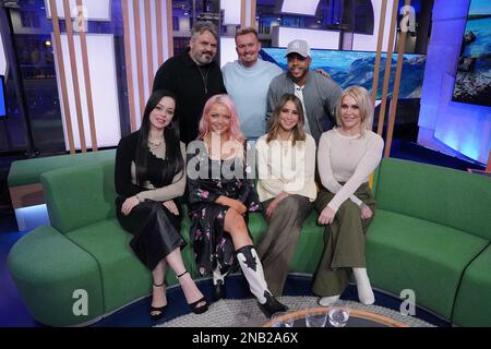 (left to right) Tina Barrett, Paul Cattermole, Hannah Spearritt, Jon Lee, Rachel Stevens, Bradley McIntosh and Jo O'Meara, of S Club 7 during filming for The One Show in London, after announcing they are reuniting for a UK tour later this year in celebration of their 25th anniversary. Stock Photo