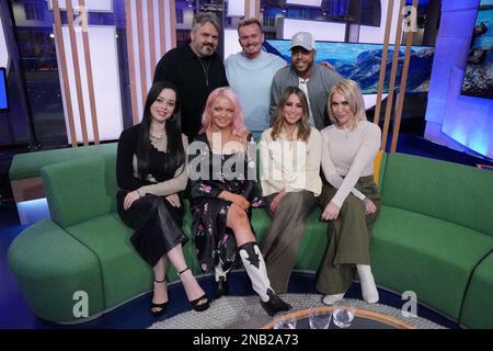 (left to right) Tina Barrett, Paul Cattermole, Hannah Spearritt, Jon Lee, Rachel Stevens, Bradley McIntosh and Jo O'Meara, of S Club 7 during filming for The One Show in London, after announcing they are reuniting for a UK tour later this year in celebration of their 25th anniversary. Stock Photo