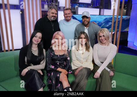 (left to right) Tina Barrett, Paul Cattermole, Hannah Spearritt, Jon Lee, Rachel Stevens, Bradley McIntosh and Jo O'Meara, of S Club 7 during filming for The One Show in London, after announcing they are reuniting for a UK tour later this year in celebration of their 25th anniversary. Stock Photo