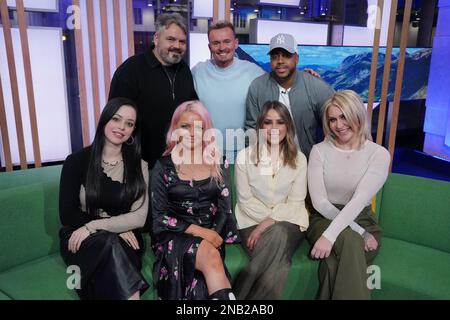 (left to right) Tina Barrett, Paul Cattermole, Hannah Spearritt, Jon Lee, Rachel Stevens, Bradley McIntosh and Jo O'Meara, of S Club 7 during filming for The One Show in London, after announcing they are reuniting for a UK tour later this year in celebration of their 25th anniversary. Stock Photo