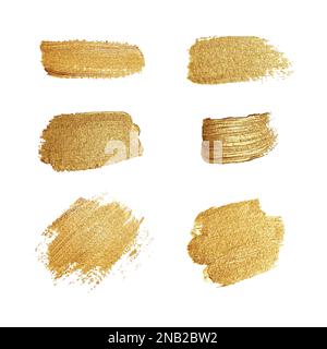 Set of brush strokes of gold paint. Abstract gold glittering textured art illustration. Stock Vector