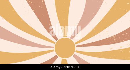Groovy psychedelic retro sunshine poster. Groovy sunny pastel background, wall art , retro 70s . Groovy striped background rays on center. Pastel vect Stock Vector
