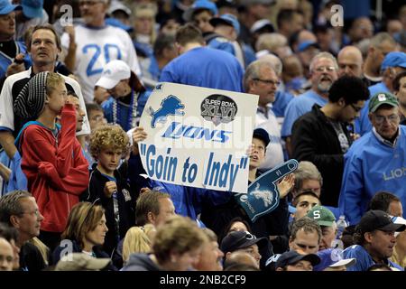 Detroit Lions fans hold up signs for third down against the